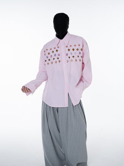 Stripe Gem Embroidery Design Long Sleeve Shirt WN23625