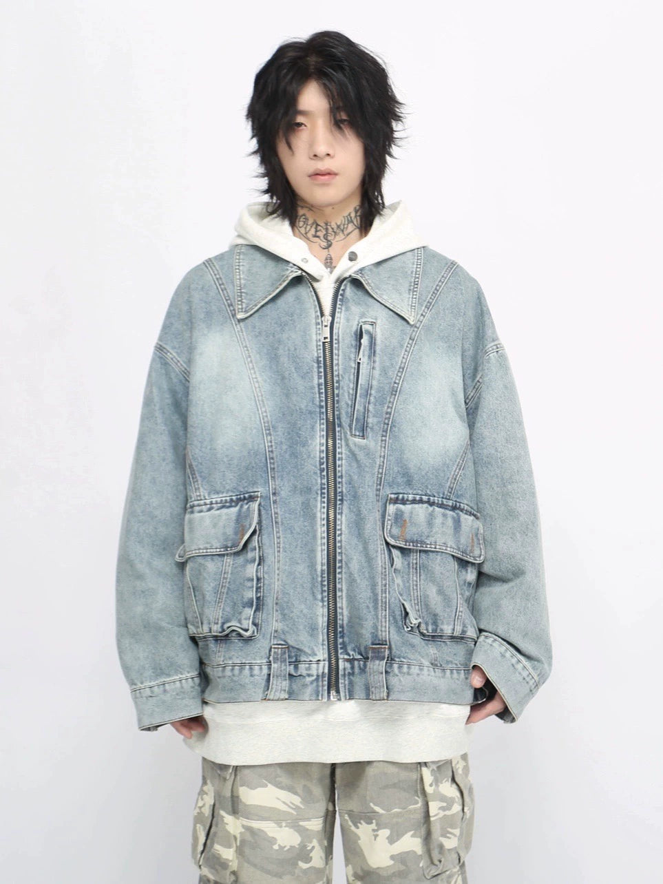 Oversize Zipper Denim Jacket WN8348