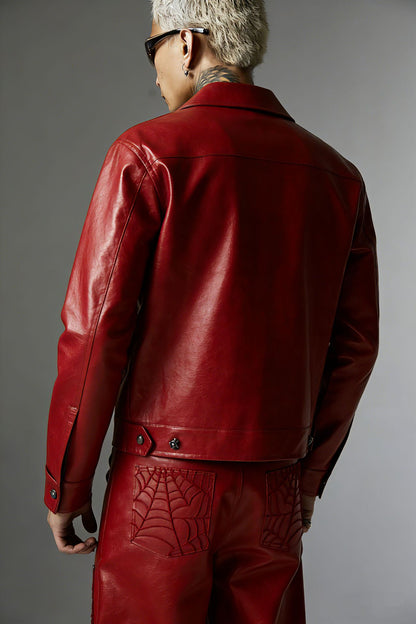 Snap-Button Emboss PU Leather Jacket &PU Leather Wide Leg Pants Setup WN23095-K