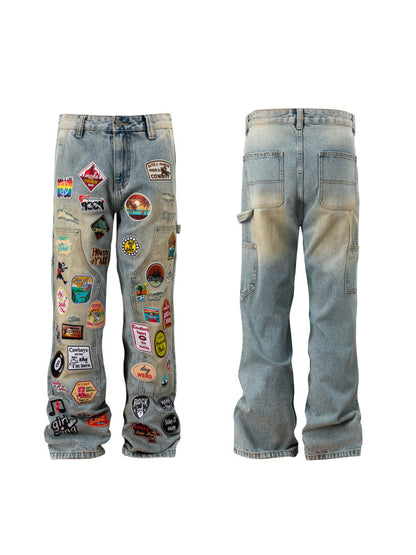 Multi Patch Applique Wide Leg Denim Jeans WN24052