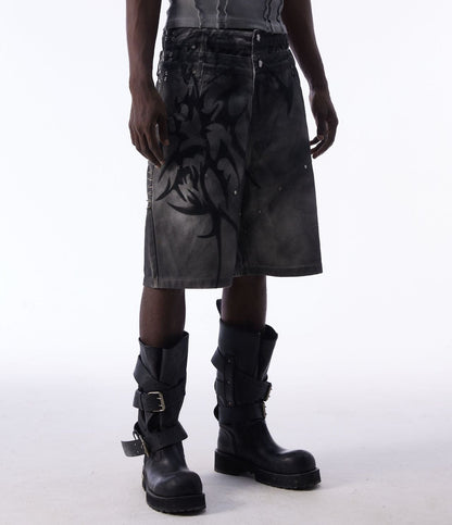 Washed Graffiti Dirty-Dye Denim Half Pants WN25741