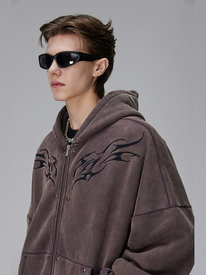 Washed Embroidery Design Zipper Hoodie WN17796