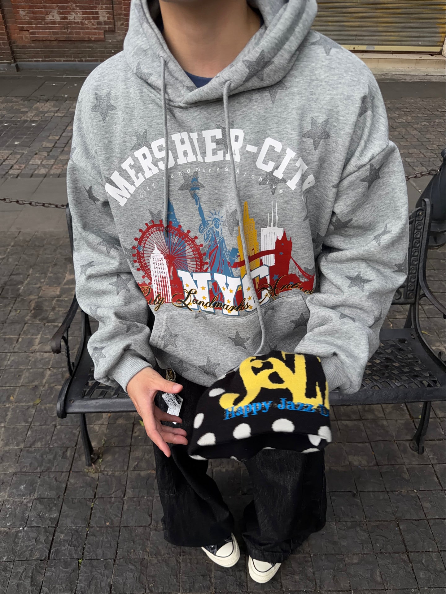 Star Print Fleece Oversize Pullover Hoodie WN24359