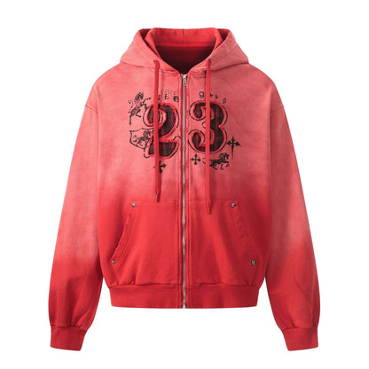 Gradient Number Print Zipper Hoodie WN25524