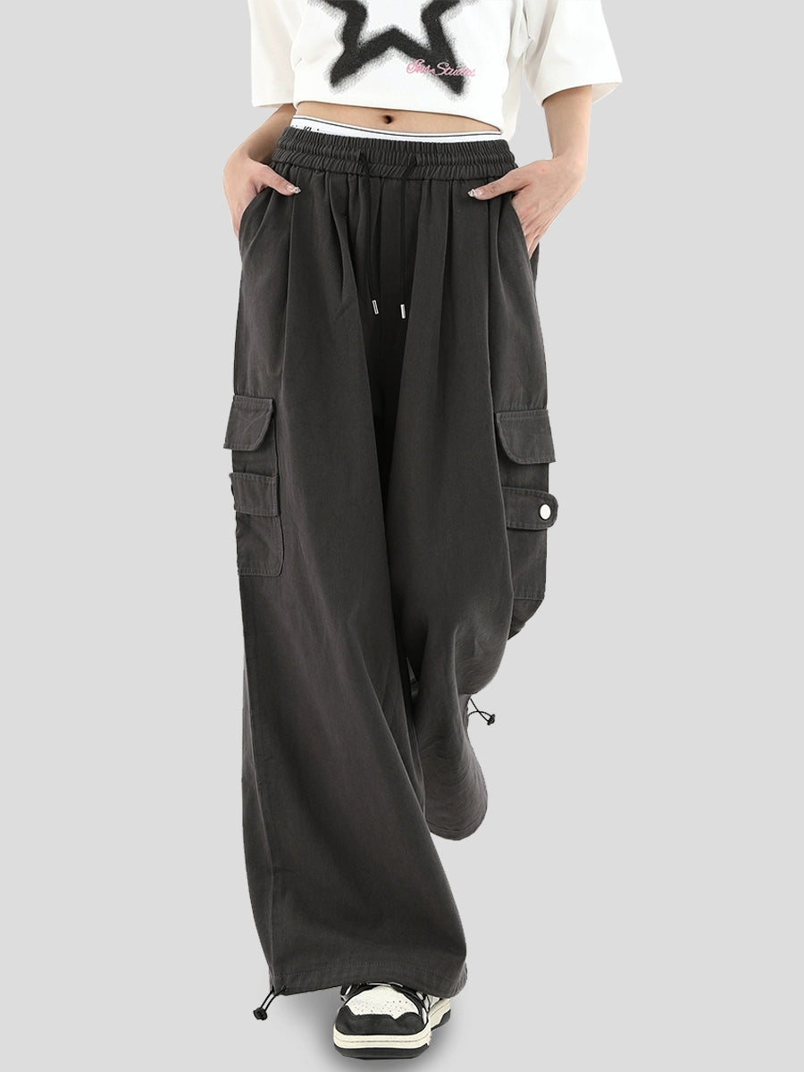 Button Patch Wide Leg Cargo Pants WN7148