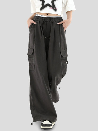 Button Patch Wide Leg Cargo Pants WN7148