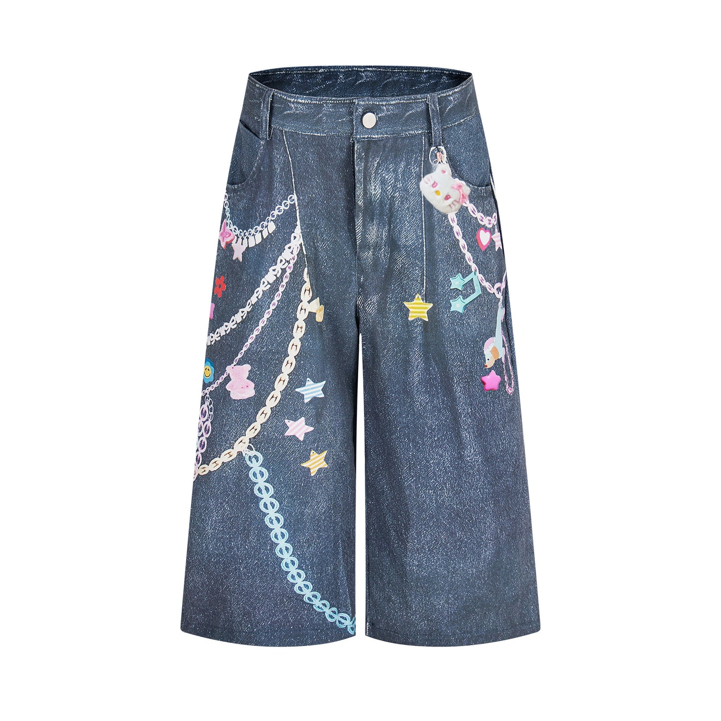 3D Chain Print Curved Leg Cropped Denim Pants WN26838