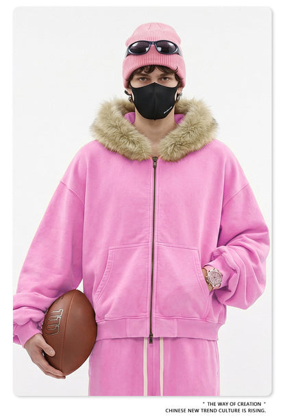 Fake Fur Collar Fleece Lining Zipper Hoodie WN23118