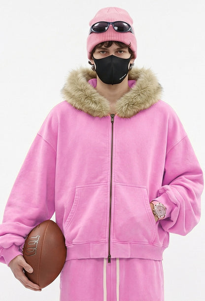 Fake Fur Collar Fleece Lining Zipper Hoodie WN23118