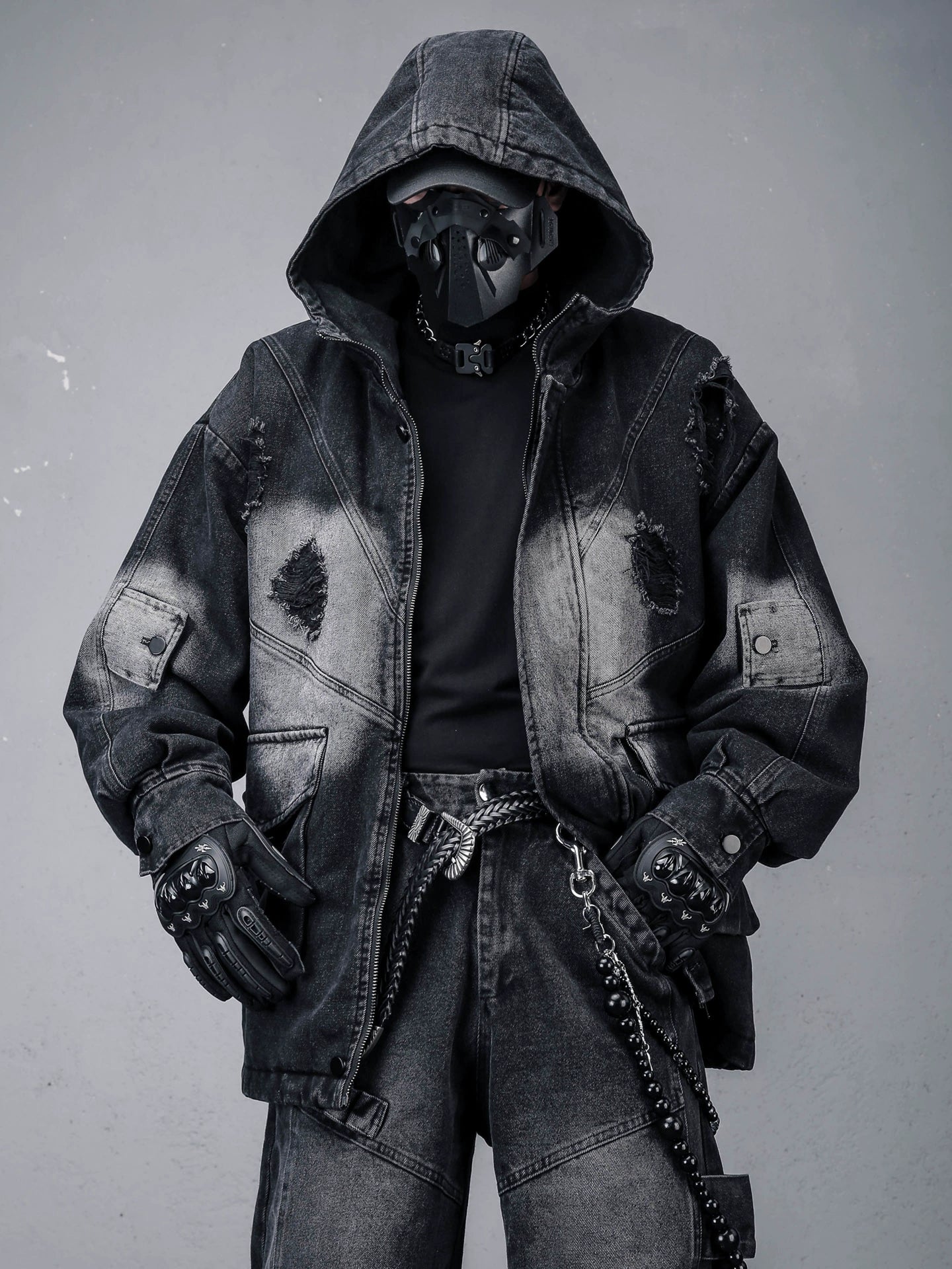 Heavy Wash Damage Hooded Denim Jacket WN22302