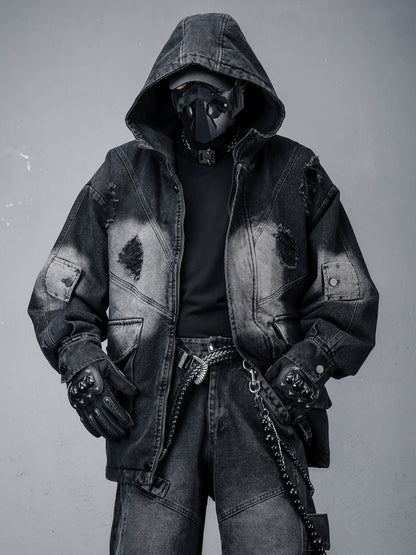 Heavy Wash Damage Hooded Denim Jacket WN22302