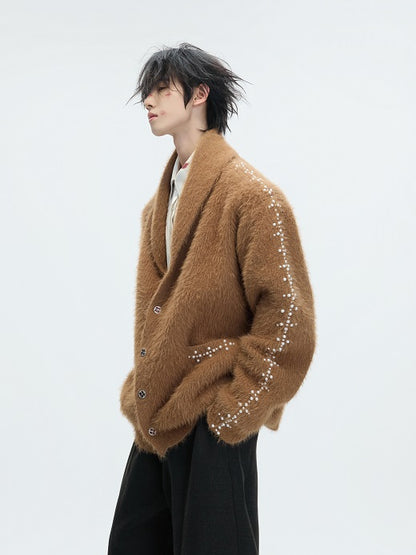 Fake Fur Heavyweight Beads Decor Knit Cardigan WN22613