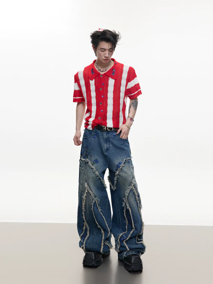 Sequin Embroidery Curved Raw Hem Wide Leg Denim Jeans WN18361