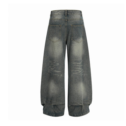 Washed Whisker Cross Studs Wide Leg Denim Jeans WN25798
