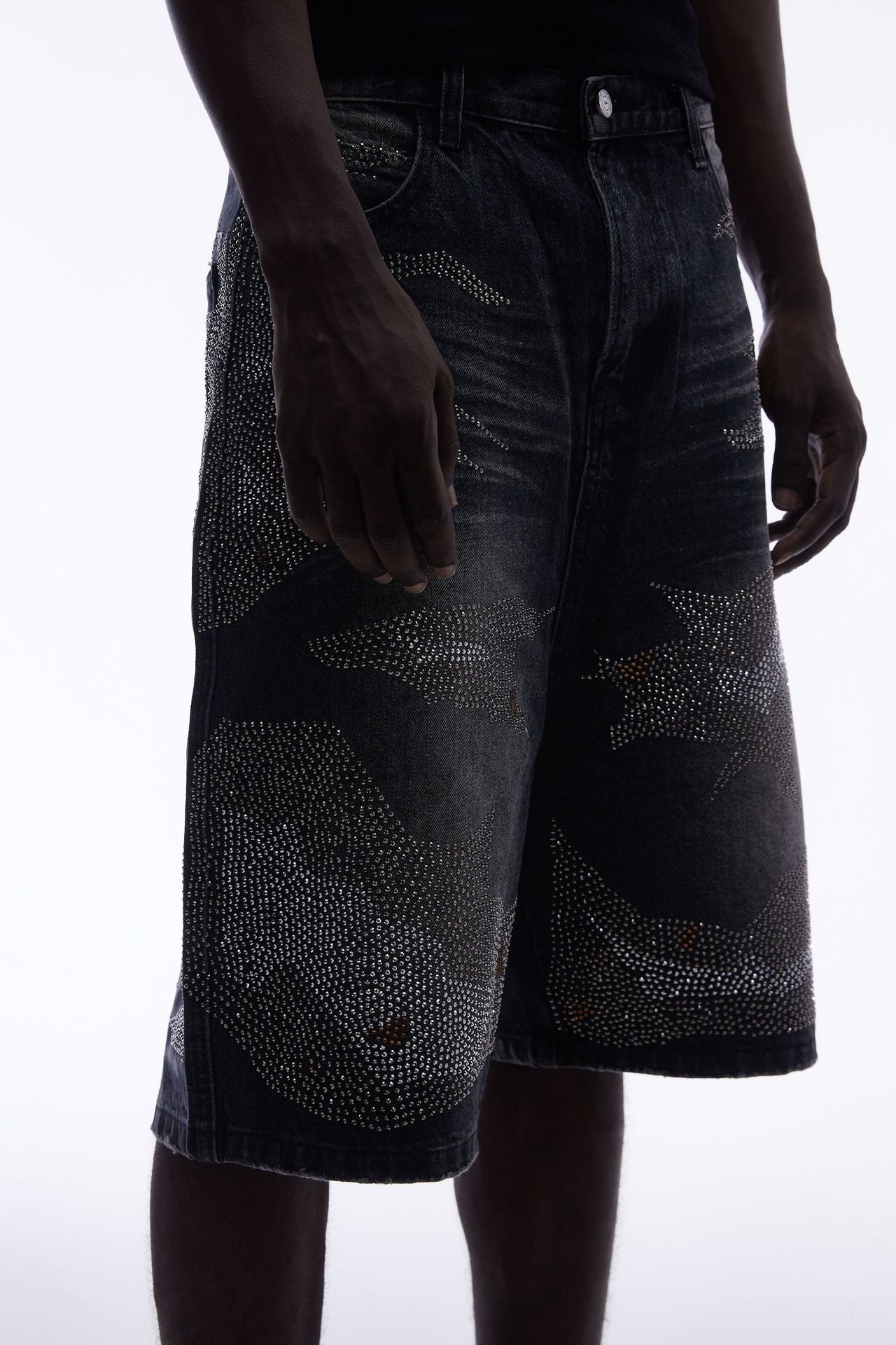 Rhinestone Camouflage Wash Denim Half Pants WN25558