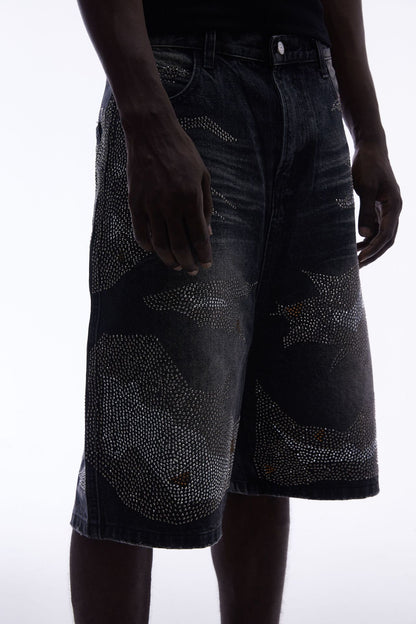 Rhinestone Camouflage Wash Denim Half Pants WN25558