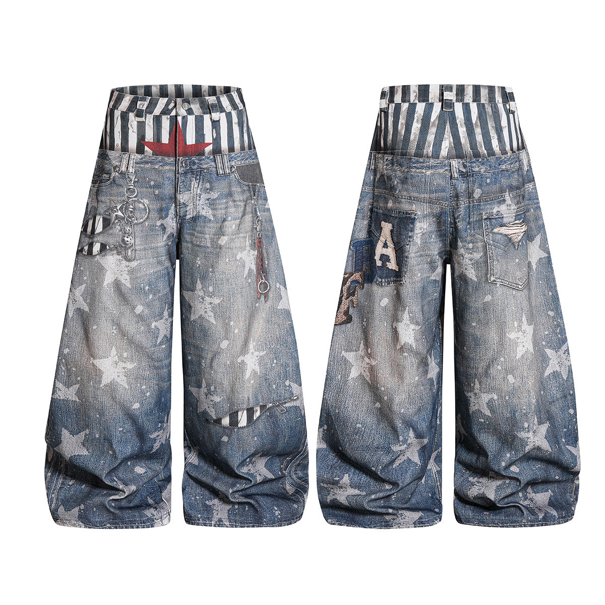 Star Print Fake Layered Curved Wide Leg Denim Jeans WN25728
