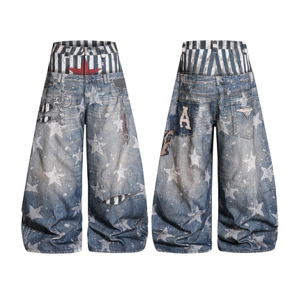 Star Print Fake Layered Curved Wide Leg Denim Jeans WN25728