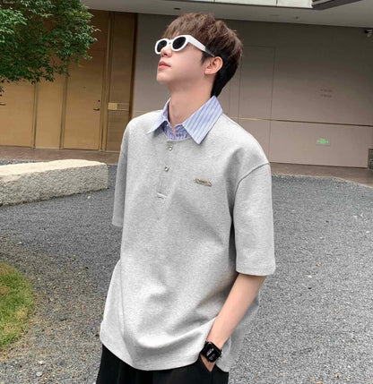 Fake Layered Striped Polo-Collar Patchwork Oversize Short Sleeve T-Shirt WN25263