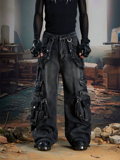 Splicing Multi-Pocket Washed Damage Cargo Denim Jeans WN21334