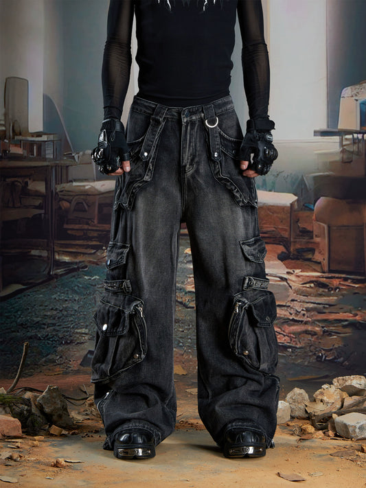 Splicing Multi-Pocket Washed Damage Cargo Denim Jeans WN21334