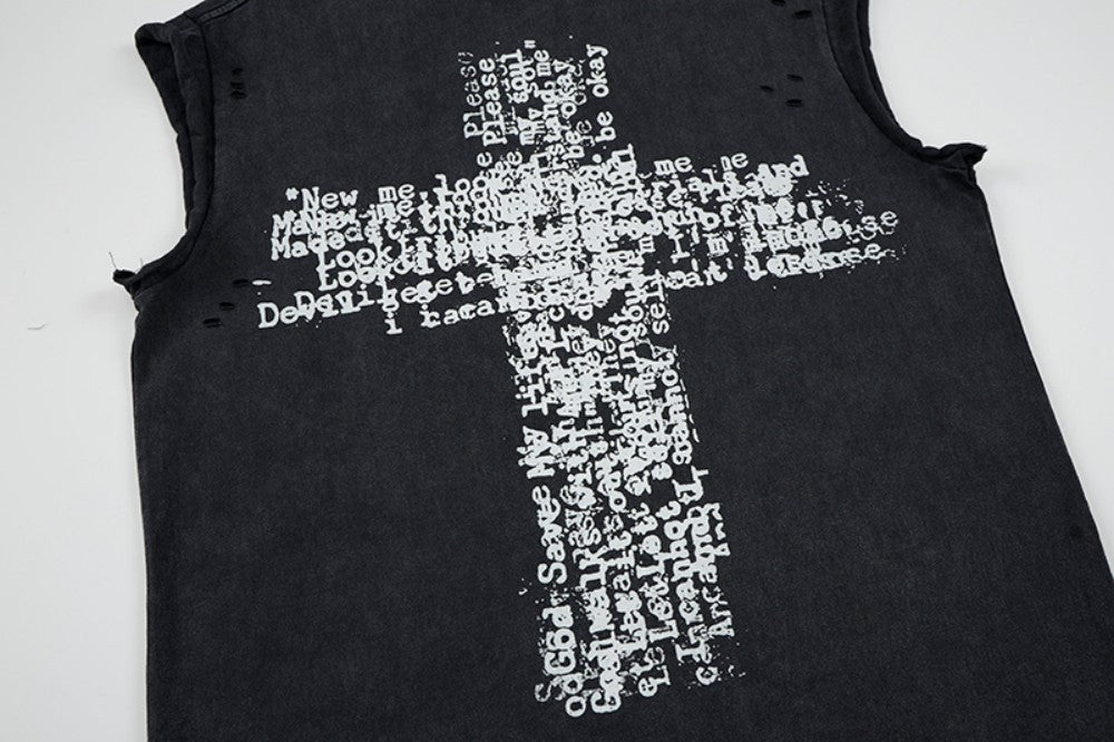 Cross Graphic Damage Sleeveless T-Shirt WN28060