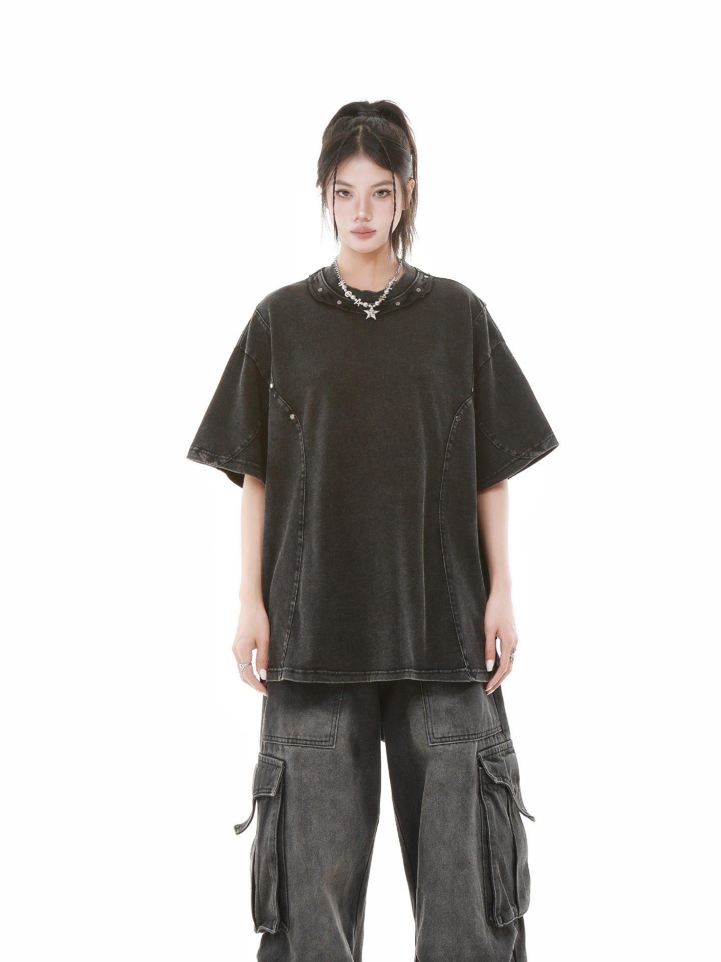 Heavy Washed Fade Stitching Short Sleeve T-Shirt WN25671