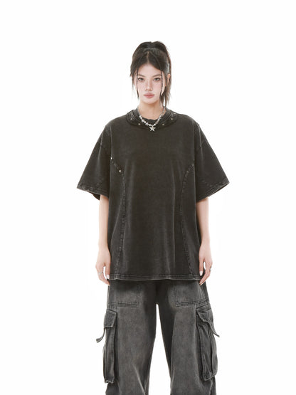Heavy Washed Fade Stitching Short Sleeve T-Shirt WN25671