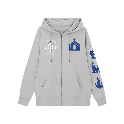 Castle Print Fleece Zipper Hoodie WN10086