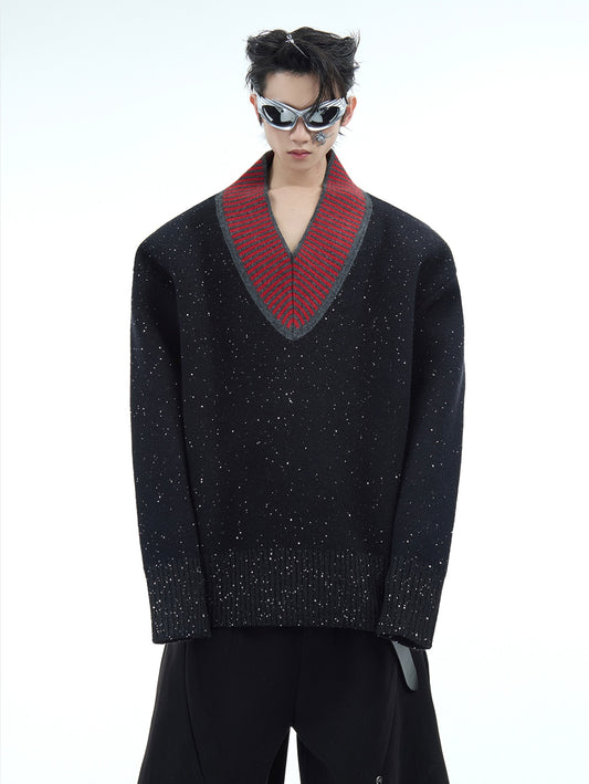 Glitter V-Neck Color Block Oversize Knit Sweater WN10873