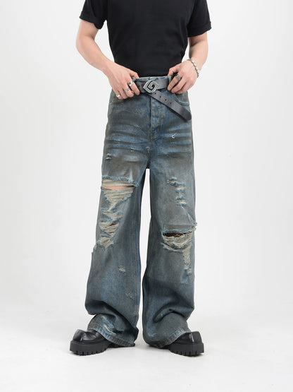 Washed Damage Wide-Leg Straight Denim Jeans WN7116