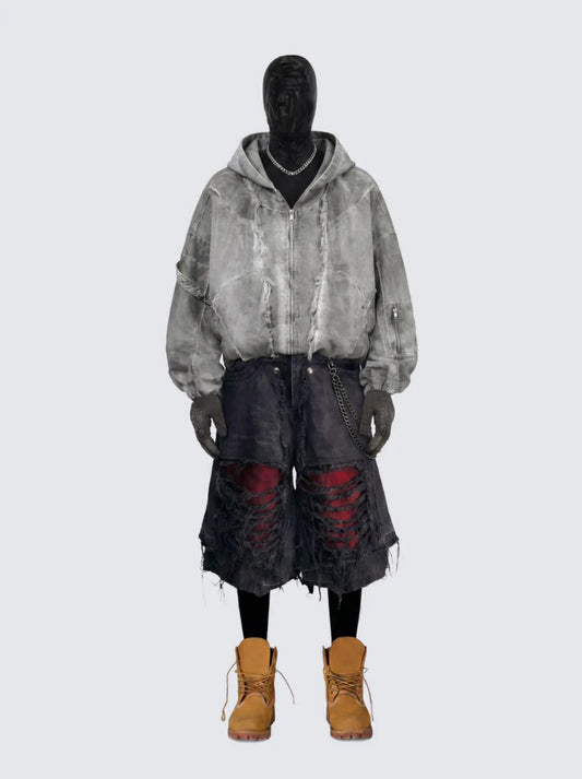 Washed Graphic Pocket Detail Hooded Jacket WN27967