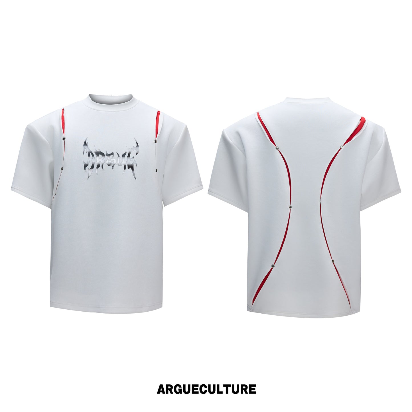 Deconstruction Liquid Print Contrast Panel Rivet Short Sleeve T-Shirt WN26976