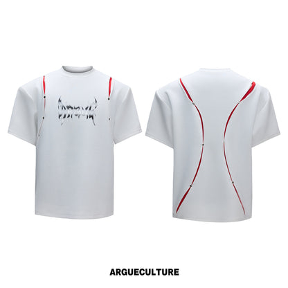 Deconstruction Liquid Print Contrast Panel Rivet Short Sleeve T-Shirt WN26976