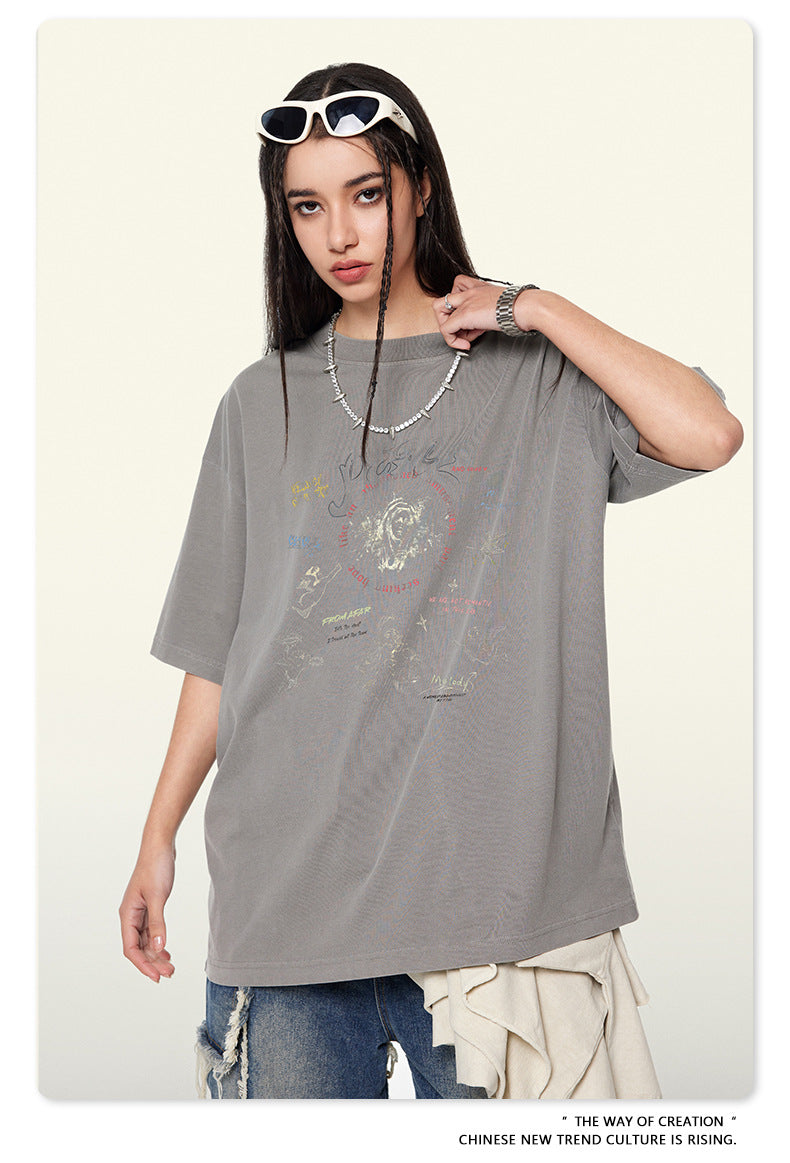 Washed Angel Print Round Neck Short Sleeve T-Shirt WN7833