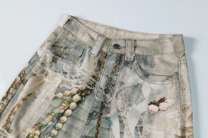 3D Print Washed Wide Leg Denim Jeans WN23038