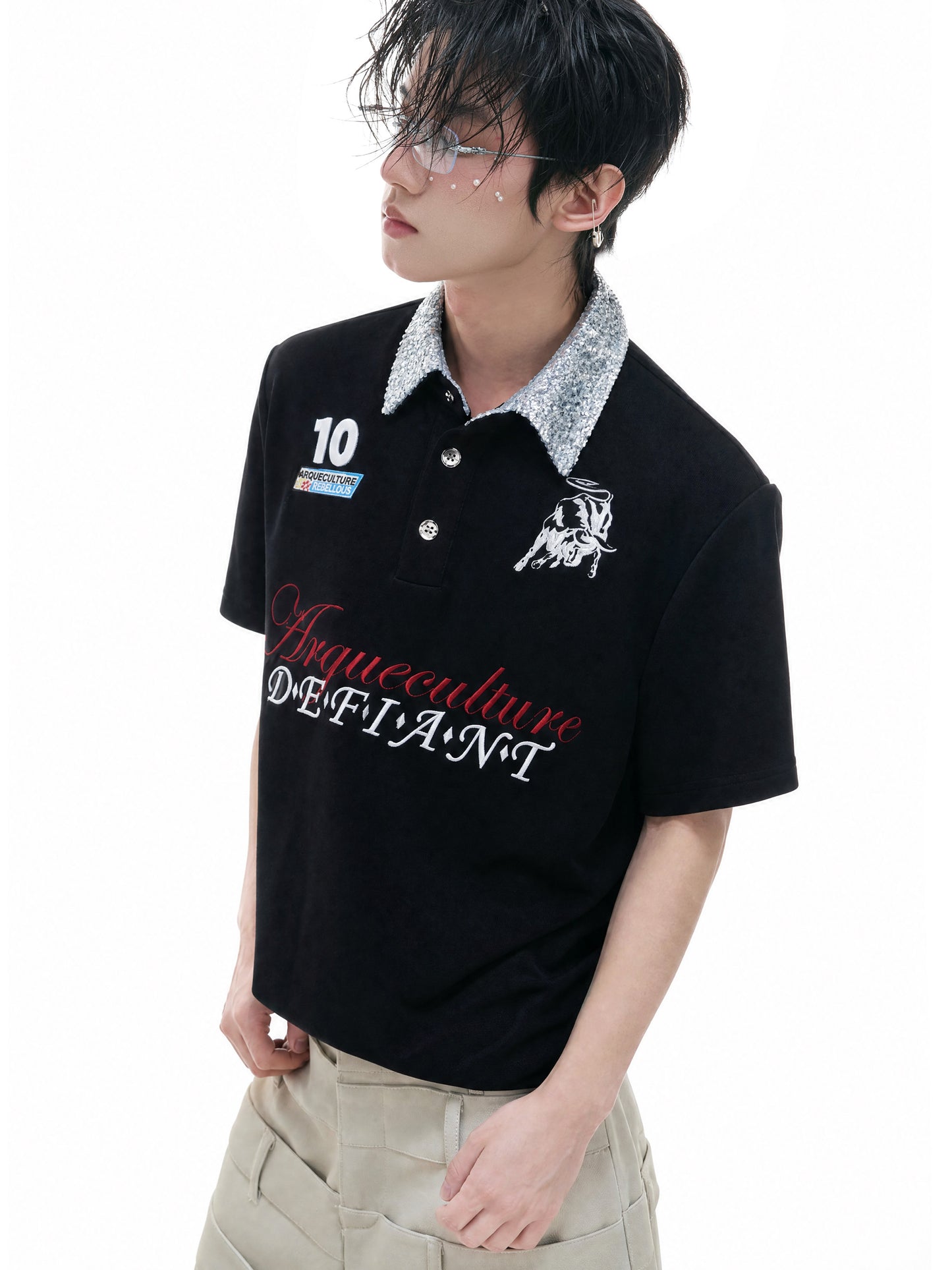 Sequin-Collar Letter Embroidery Cropped Oversize Polo Short Sleeve Shirt WN27025
