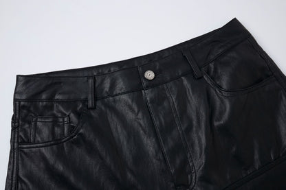 PU Leather Pocket Cropped Wide Leg Cargo Hahf Pants WN25652
