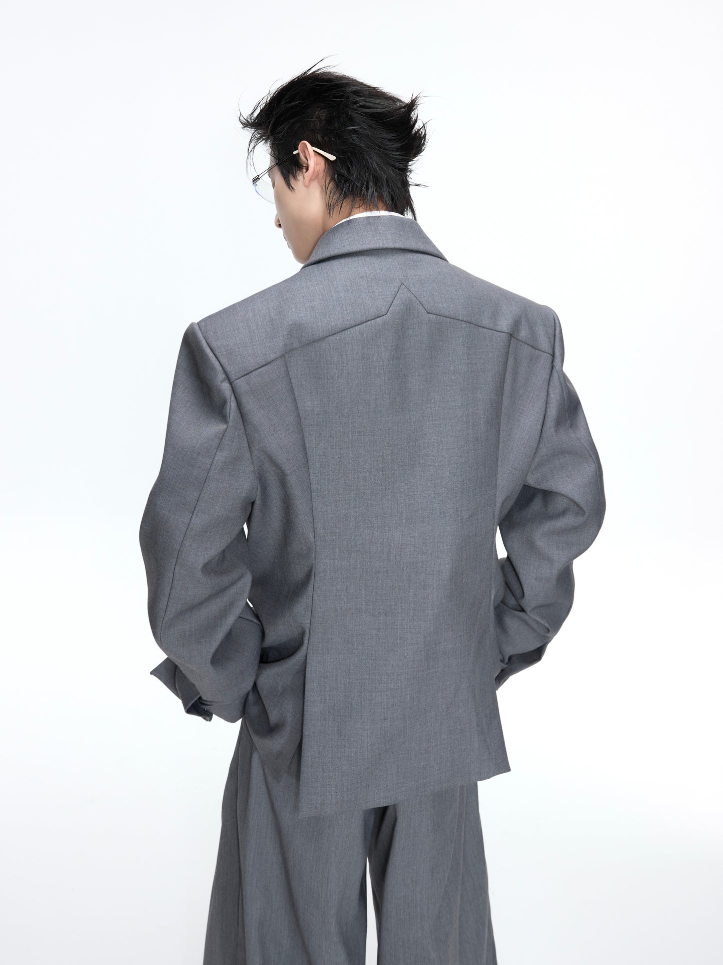 Braided Leather Double-Breasted Shoulder Pad Tailored Jacket & Wide Leg Trousers Setup WN26973