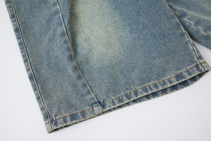Washed Whisker Metal Buckle Denim Half Pants WN25513