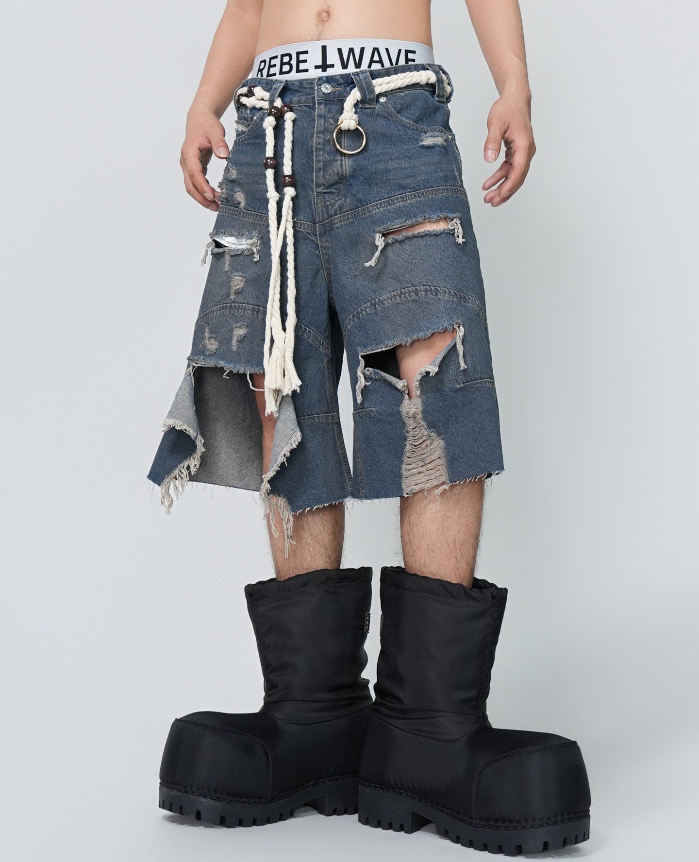 Washed Damage Fray Wide Leg Denim Half Jeans WN24314