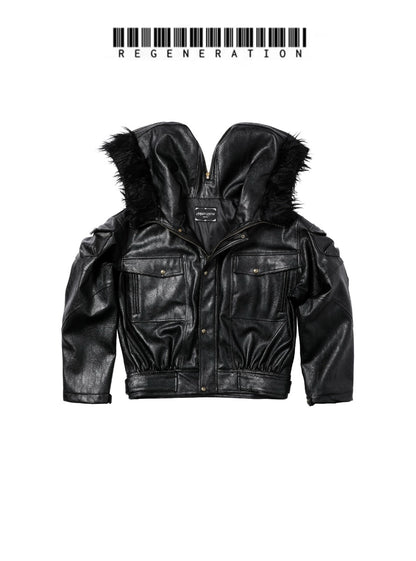 Waxed Crinkle Zipper Detachable Hooded Jacket WN19693