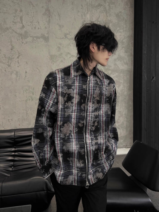 Splashed Plaid Zipper Long Sleeve Shirt Jacket WN10755