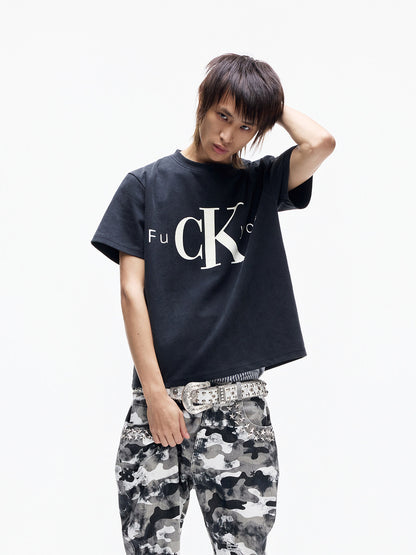 Washed Slogan Print Oversize Short Sleeve T-Shirt WN27340