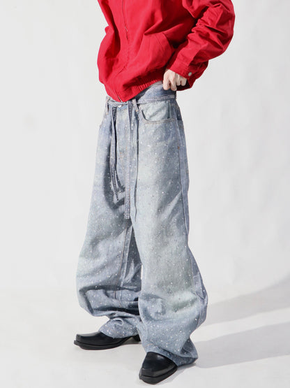 Rhinestone High Waist Draped Straight Wide Leg Denim Jeans WN24107