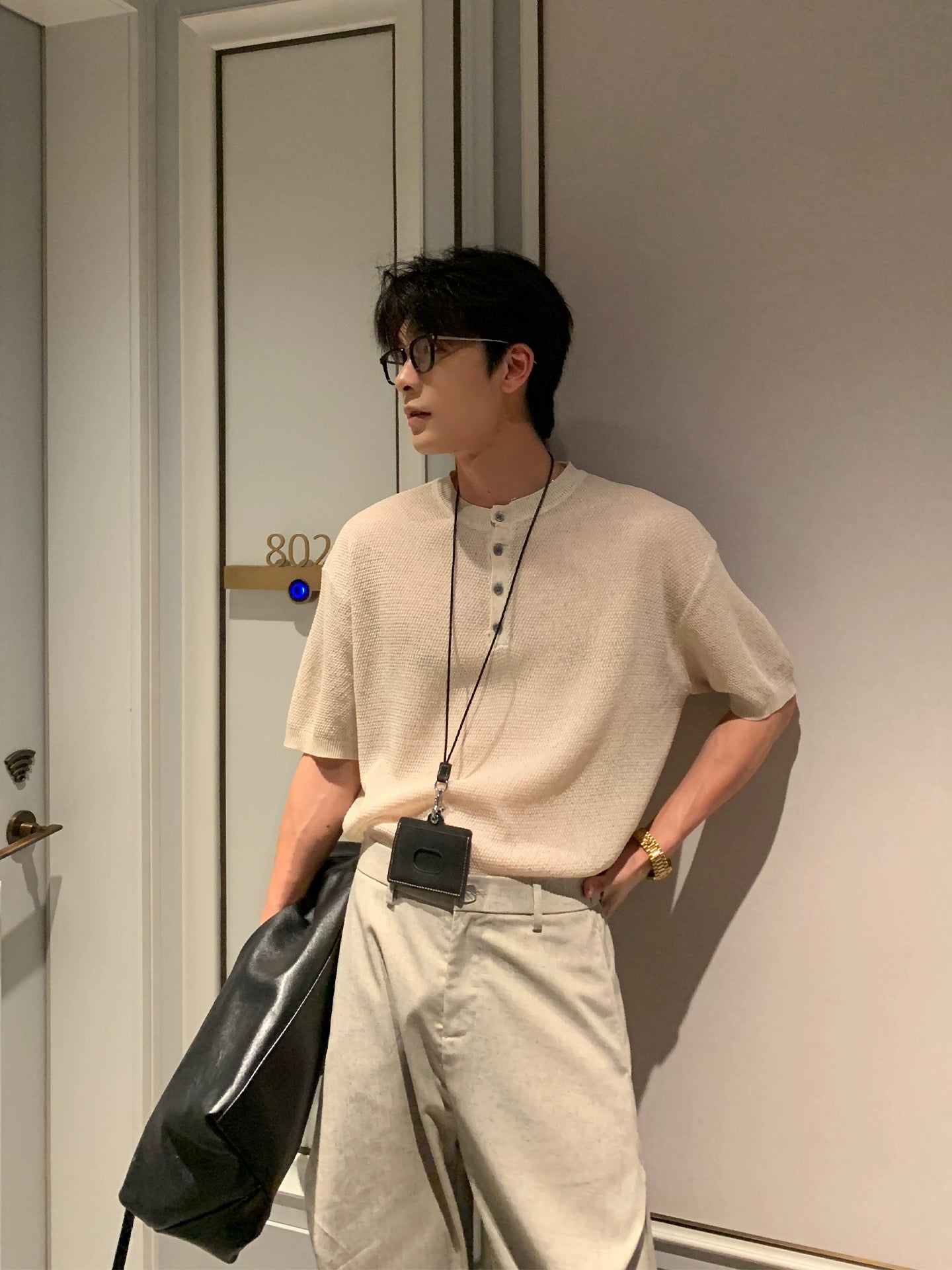 Cooling Linen Knit Henry Neck Short Sleeve T-Shirt WN20468