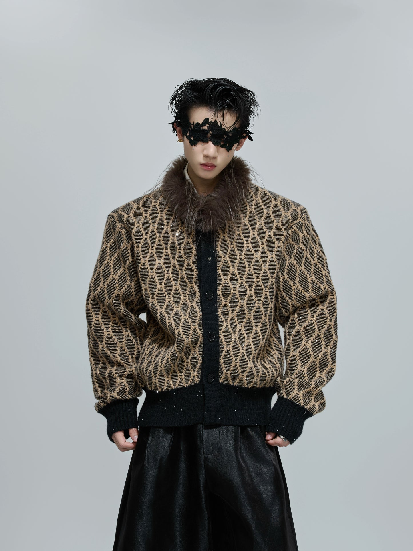 Fur Collar Sequin Textured Knit Cardigan WN21693