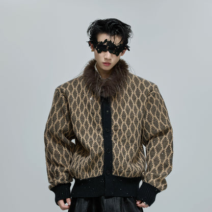 Fur Collar Sequin Textured Knit Cardigan WN21693