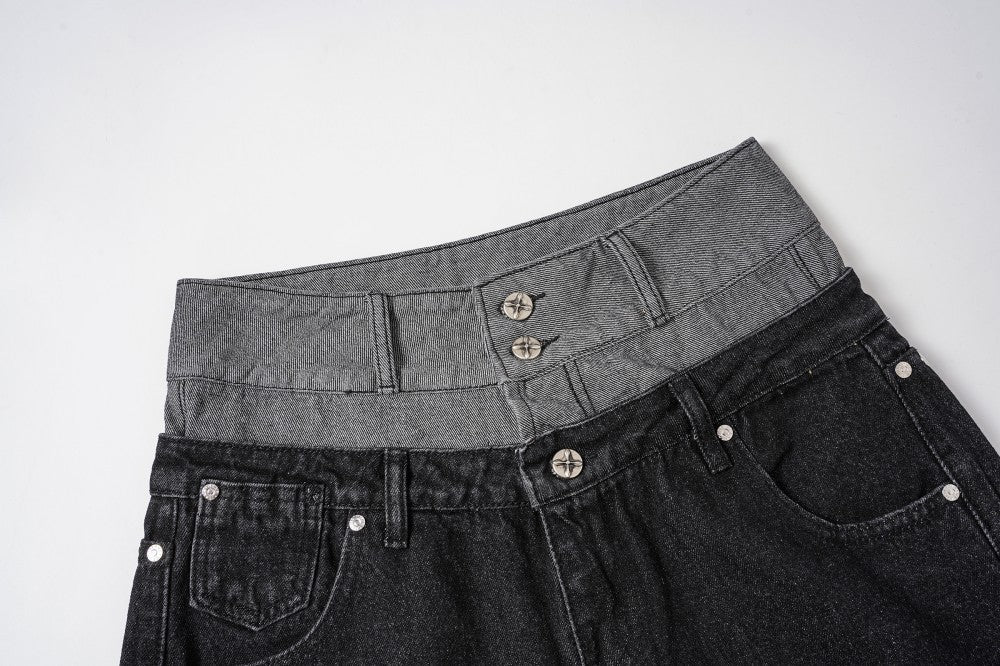 Double Waist Studs Detail Wide Leg Denim Jeans WN28026