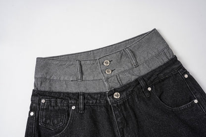 Double Waist Studs Detail Wide Leg Denim Jeans WN28026